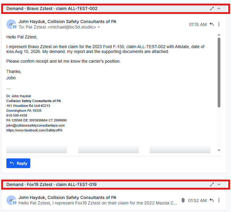 The same adjuster on two of your cases: both emails sit in this one conversation, so read the subject lines.