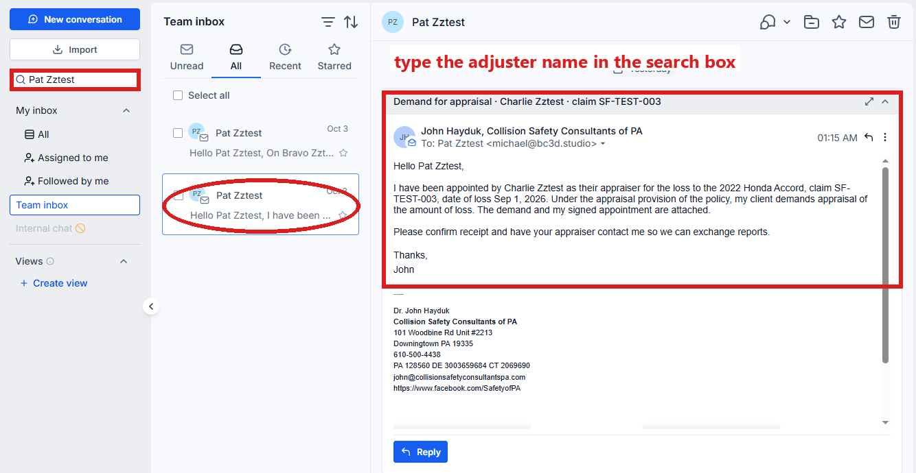 Conversations: the adjuster's own conversation under their name, the demand email as pdrOS sent it circled.
