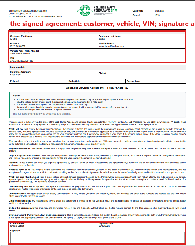 The signed agreement PDF, first page, opened from the Docs window.