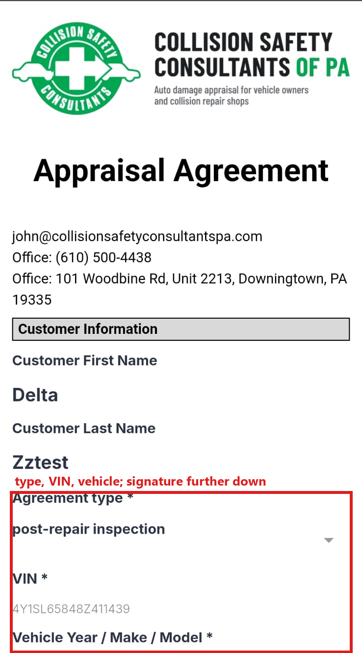 The agreement page on a customer's phone: VIN, vehicle, signature box.