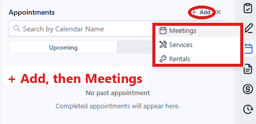 The Appointments icon (a calendar) on the right edge circled, and the + Add menu with Meetings circled.