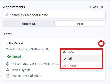 An appointment card on the right edge: its three dots open with View, Edit and Cancel.