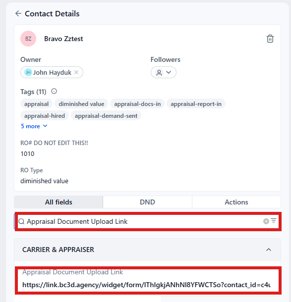 Folder CARRIER & APPRAISER open: Appraisal Document Upload Link circled.