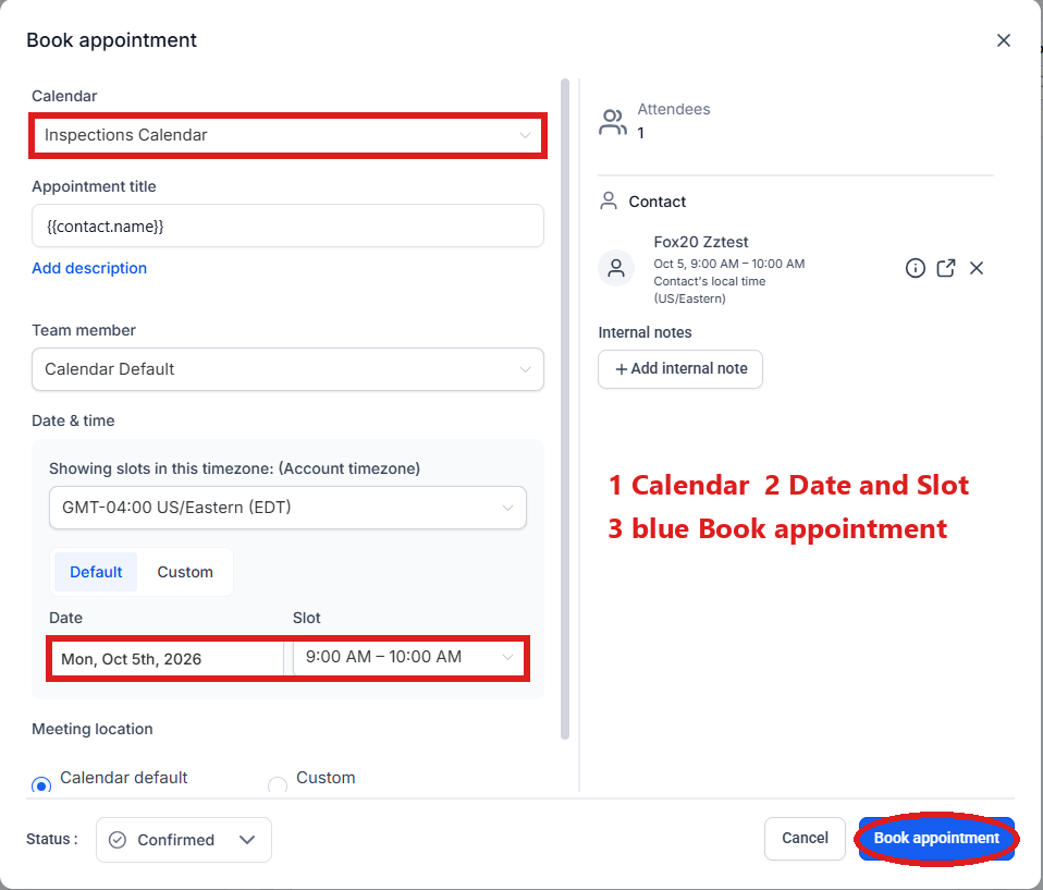 The Book appointment window: Calendar set to Inspections Calendar, Date and Slot, and the blue Book appointment button circled.