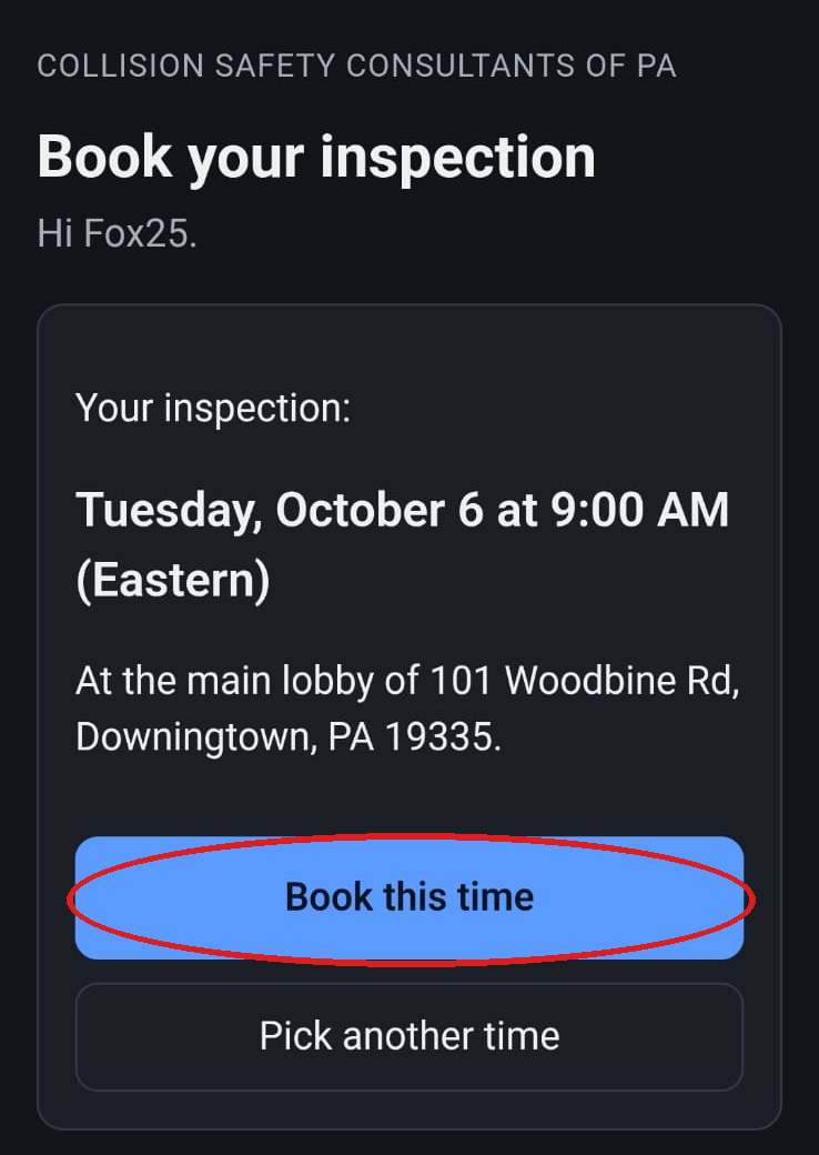 The booking page after a time is picked: Book this time and Pick another time.