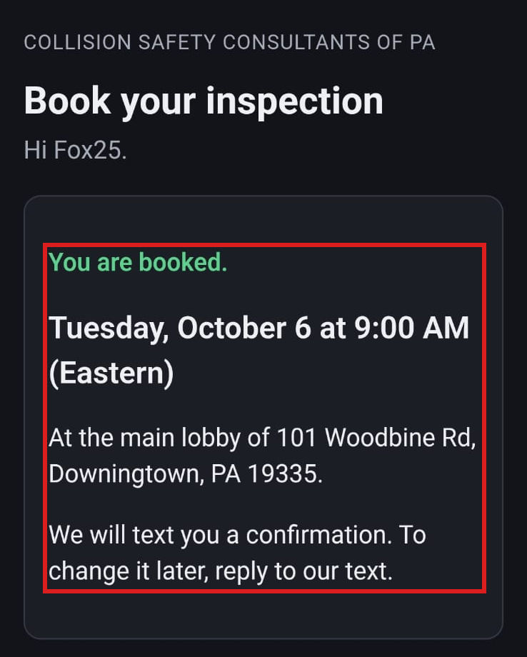 The booking page after booking: You are booked, at the main lobby of 101 Woodbine Rd.