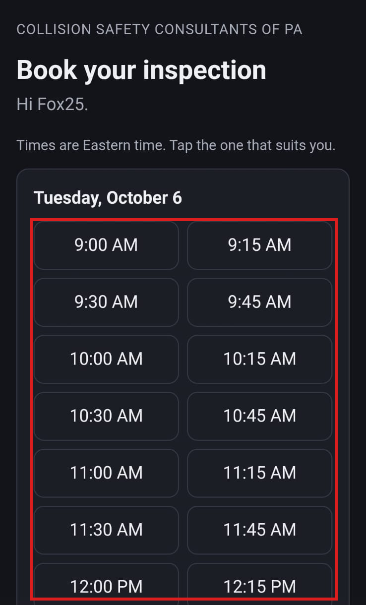 The booking page on a customer's phone, with the free times.