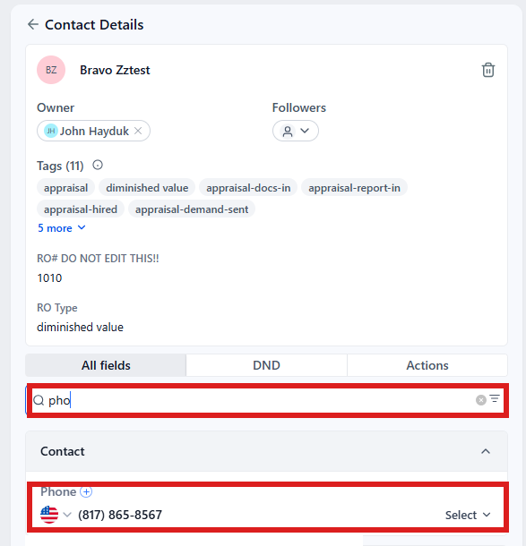 Folder Contact open: the box with the customer's phone number circled.