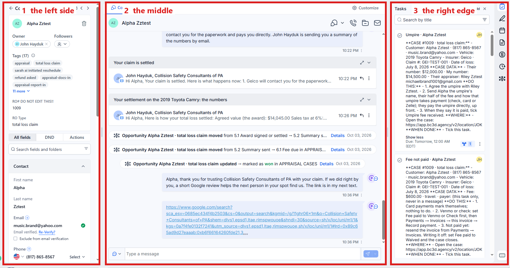 The whole contact profile: 1 the left side (folders and fields), 2 the middle (texts and emails), 3 the right edge (Notes, Tasks, Appointments, Documents).