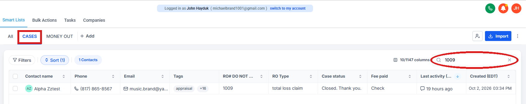 Contacts: the search box at the top of the list with an RO number typed, circled.