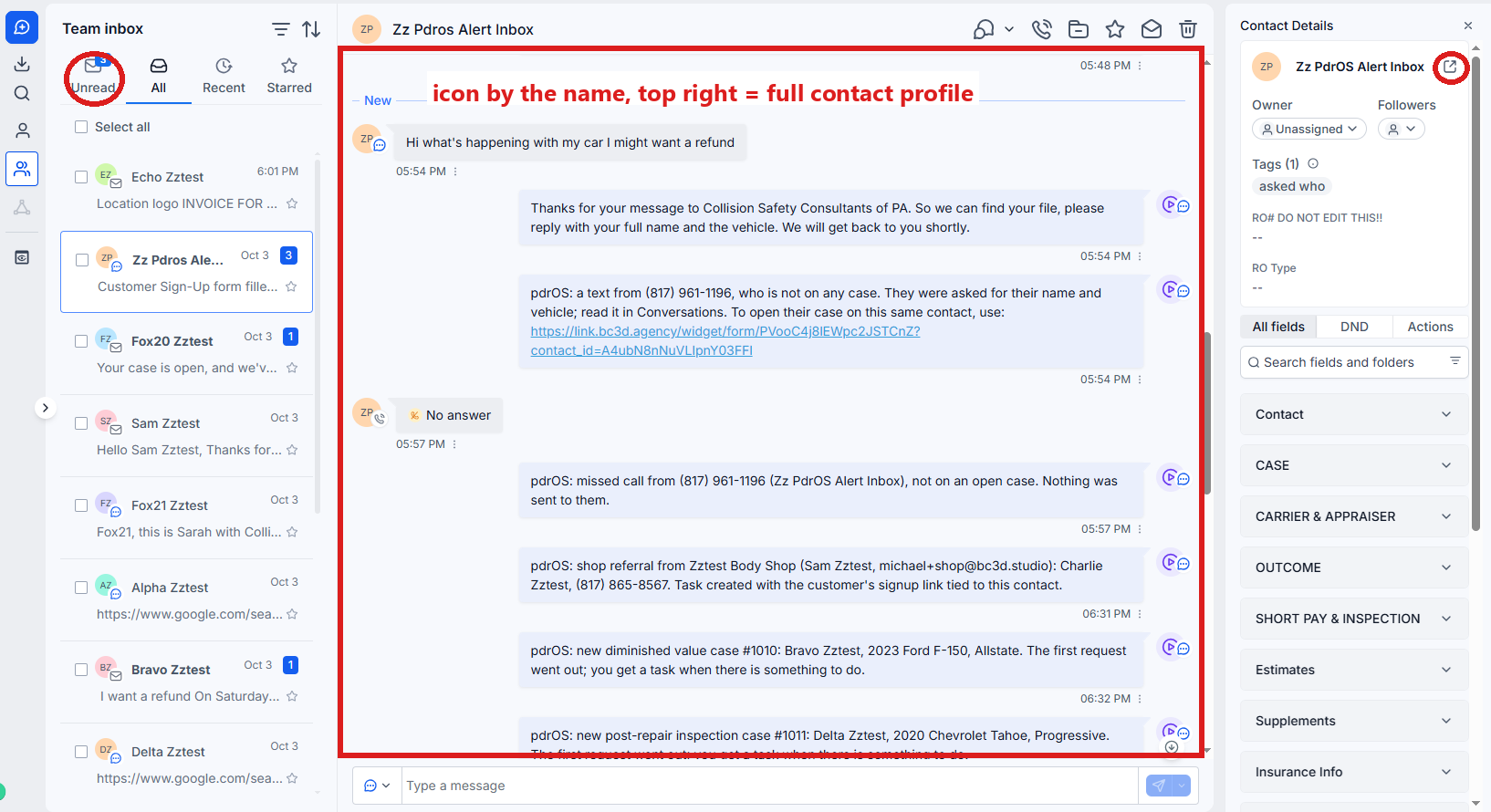 Conversations: Unread at the top of the list, a thread in the middle, and the small square-with-an-arrow icon next to the name in the right column circled. It opens the contact profile.