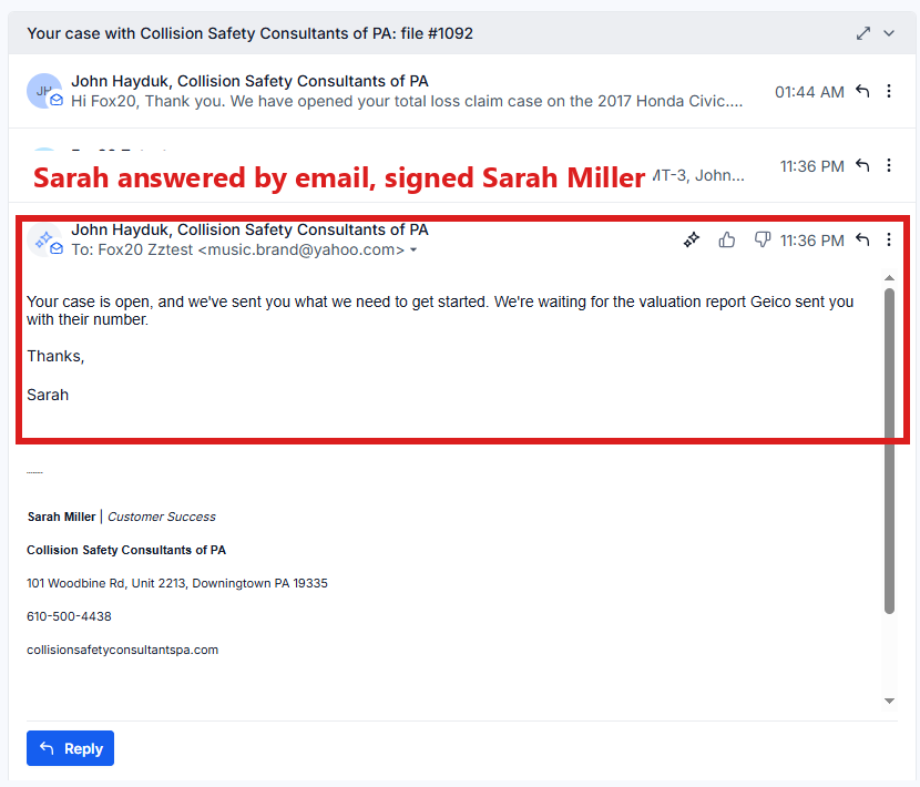 A customer's thread: an email Sarah answered, signed Sarah Miller, circled.