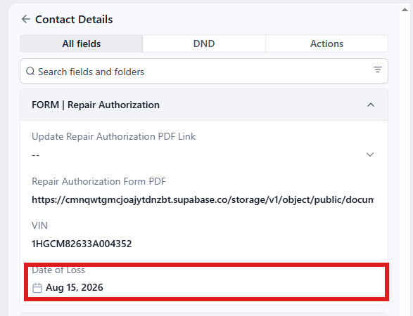 Folder FORM | Repair Authorization open: Date of Loss circled.