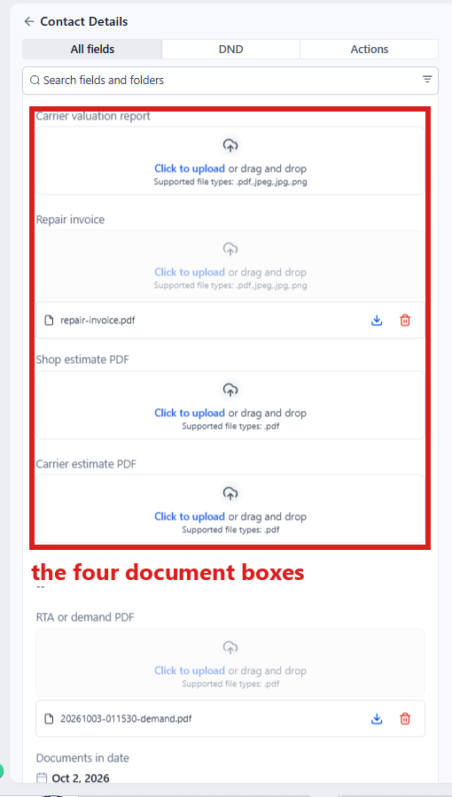 Folder CASE open: the four document boxes (Carrier valuation report, Repair invoice, Shop estimate PDF, Carrier estimate PDF) circled.