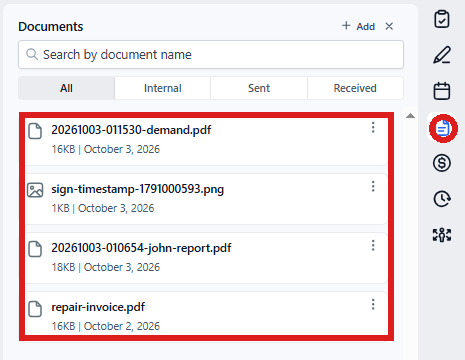 The Documents icon (a page) on the right edge circled, the list of files open beside it.