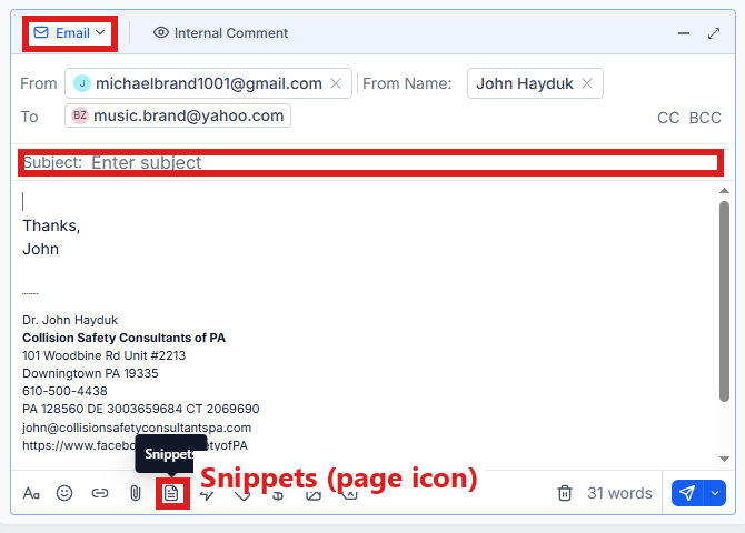 The email window: Email picked at the top left, the Subject line, and the Snippets icon (a page) at the bottom.