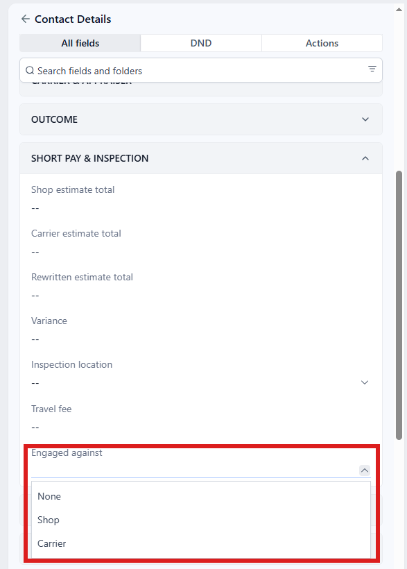 Folder SHORT PAY & INSPECTION open: Engaged against circled.