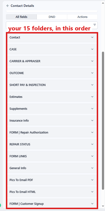 The 15 folders on the left side of a contact profile, all closed, with the Search fields and folders box circled above them.