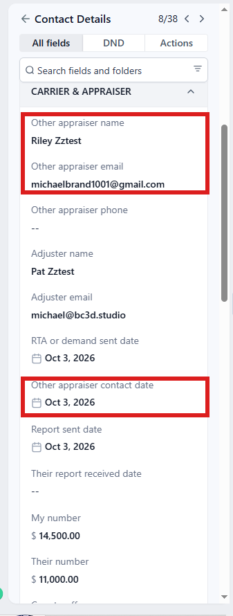 Folder CARRIER & APPRAISER open: Other appraiser name, Other appraiser email and Other appraiser contact date circled.