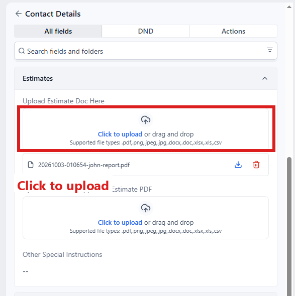 Folder Estimates open: Click to upload in Upload Estimate Doc Here circled.