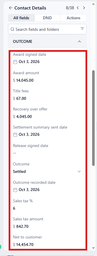 Folder OUTCOME open, its fields circled.