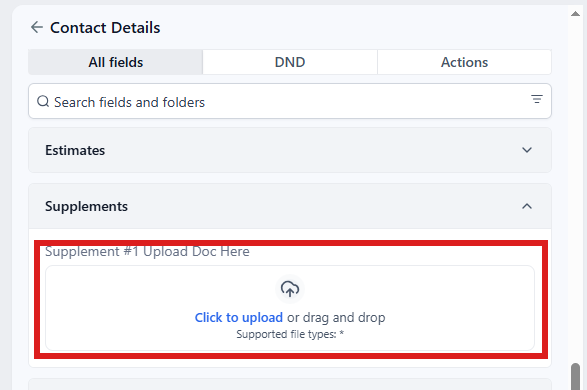 Folder Supplements open: Click to upload in Supplement #1 Upload Doc Here circled.