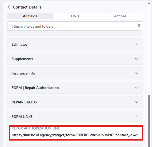 Folder FORM LINKS open: REPAIR AUTHORIZATION LINK circled.