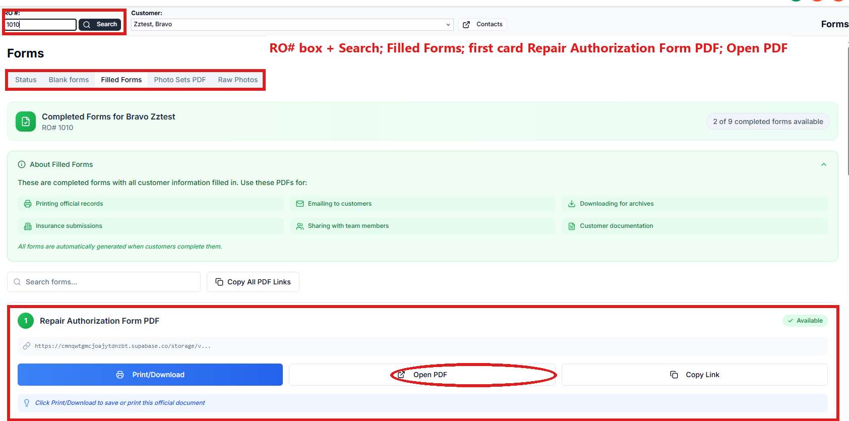 Forms / Pics: the RO # box and Search at the top left, the tabs (Status, Blank forms, Filled Forms, Photo Sets PDF, Raw Photos) circled, and the first card, Repair Authorization Form PDF, with its Open PDF button circled.