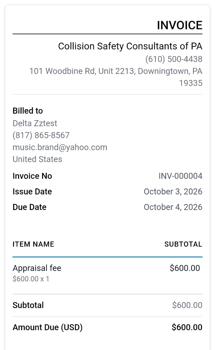The invoice page the link opens, on the customer's phone.