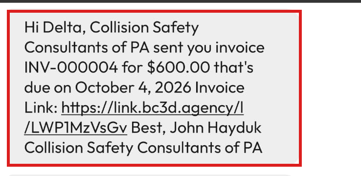 The Square invoice text with the link, on a customer's phone.