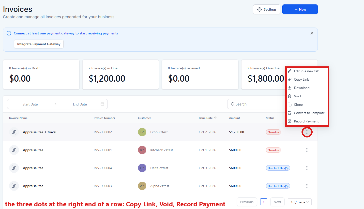 Invoices: the list with each invoice's status, the three dots at the right end of one row circled.