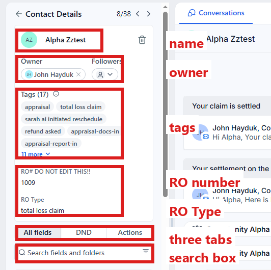 The top of the left side: the customer's name, Owner, Tags, RO# DO NOT EDIT THIS!! and RO Type, the three tabs (All fields, DND, Actions) and the Search fields and folders box, each labeled.