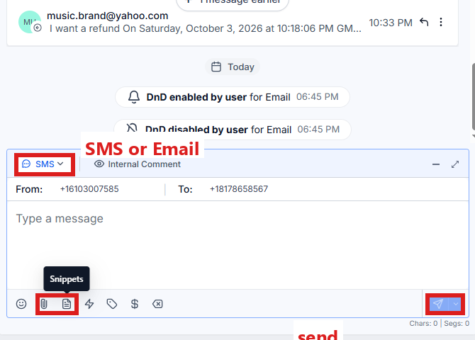 The message box at the bottom of the middle: the button with the down arrow (SMS or Email), the Snippets icon, the paperclip and the paper-plane send button.