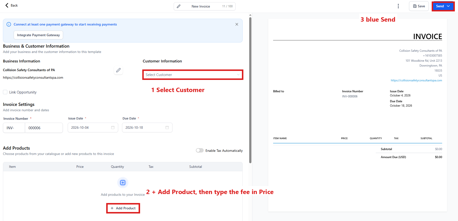 A new invoice: the Select Customer box, + Add Product and the blue Send button circled.