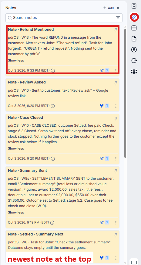 The Notes icon (a pen) on the right edge circled, the notes open beside it, newest at the top, + Add circled.