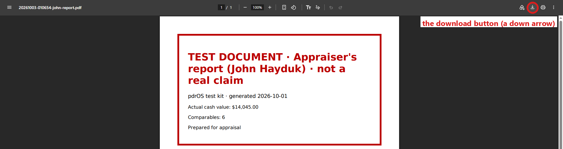A PDF open in a browser tab, the download button circled.