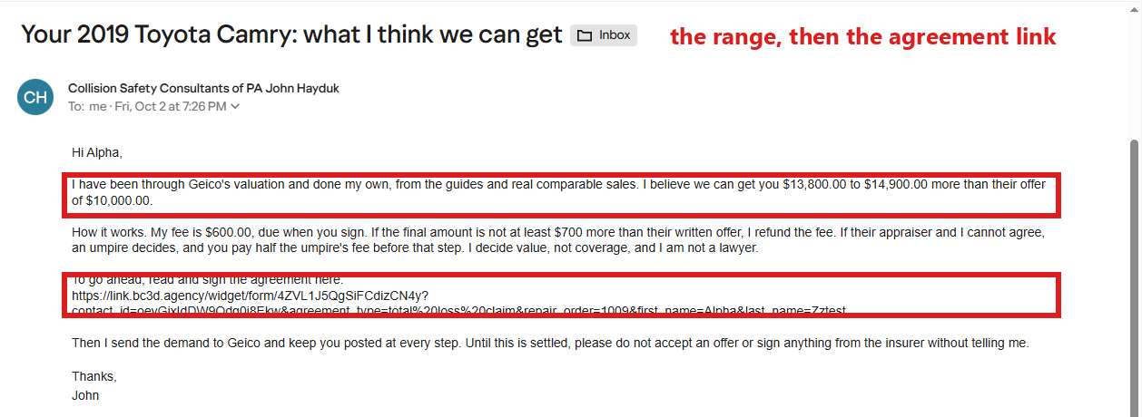 The valuation email as the customer sees it.