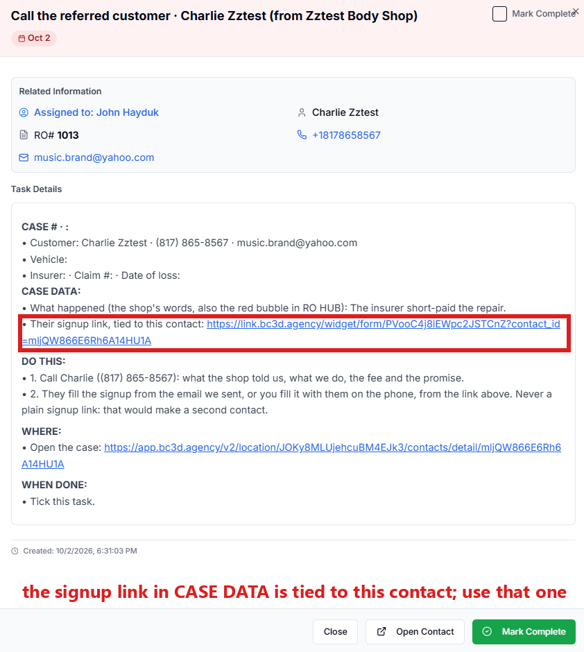 The full view of the task Call the referred customer, the customer's signup link circled.
