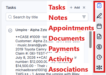 The right edge of the contact profile: the column of icons, each labeled (Tasks, Notes, Appointments, Documents, Payments, Activity, Associations).