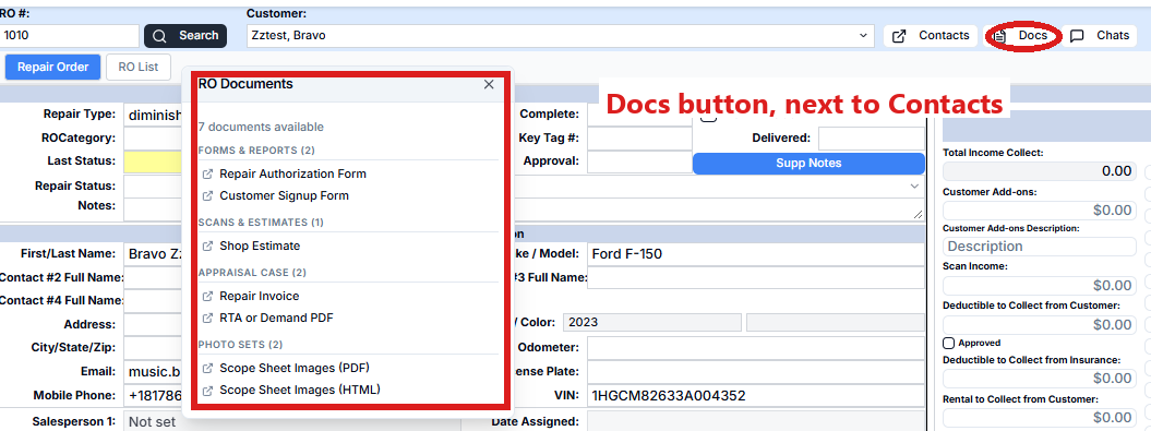 RO Hub with a case loaded on the Repair Order tab: the Docs button at the top right circled, the documents window open beside it.