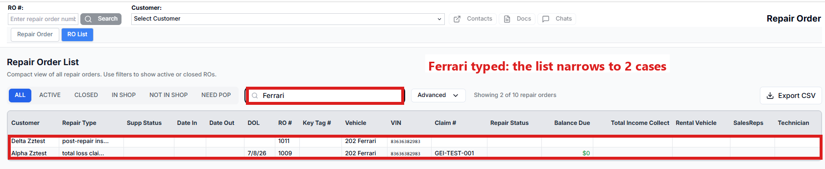 The same list with Ferrari typed in the search box: it narrows to the two cases with that vehicle.