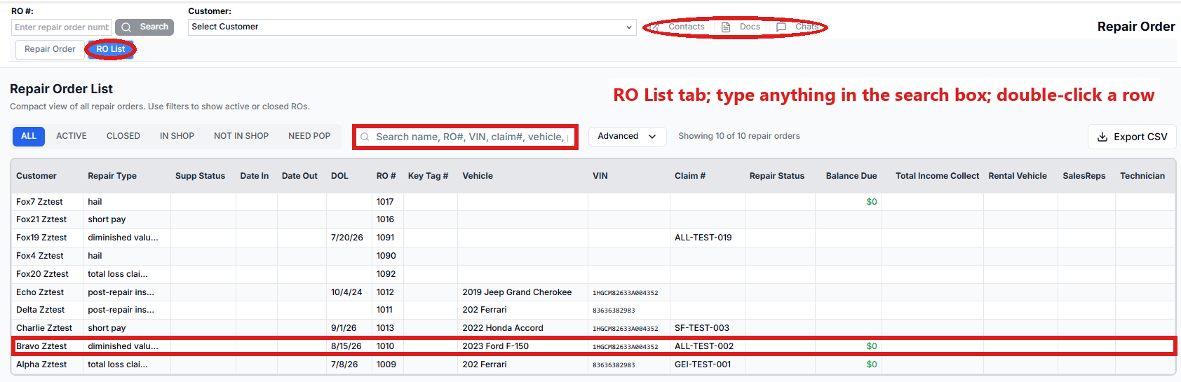 RO Hub, the RO List tab: every case listed, the search box above the list and one row circled; the Contacts, Docs and Chats buttons at the top circled too. Double-click a row to load that case.