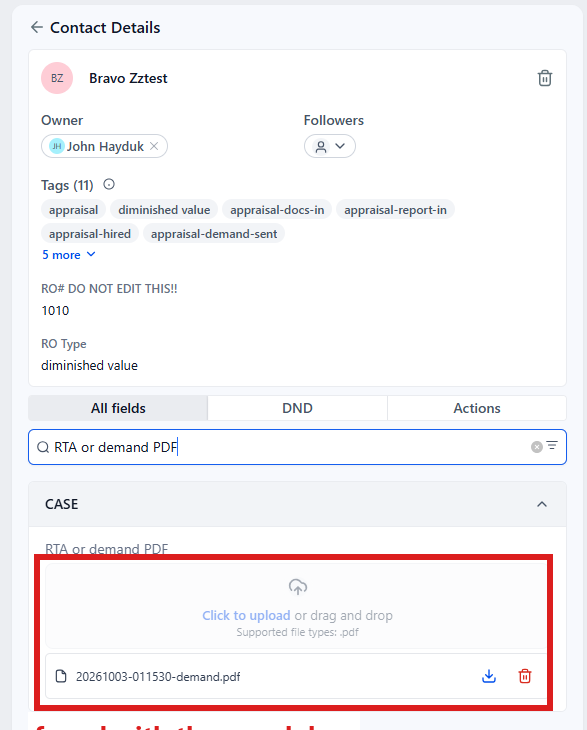 Folder CASE open: RTA or demand PDF with Click to upload circled.