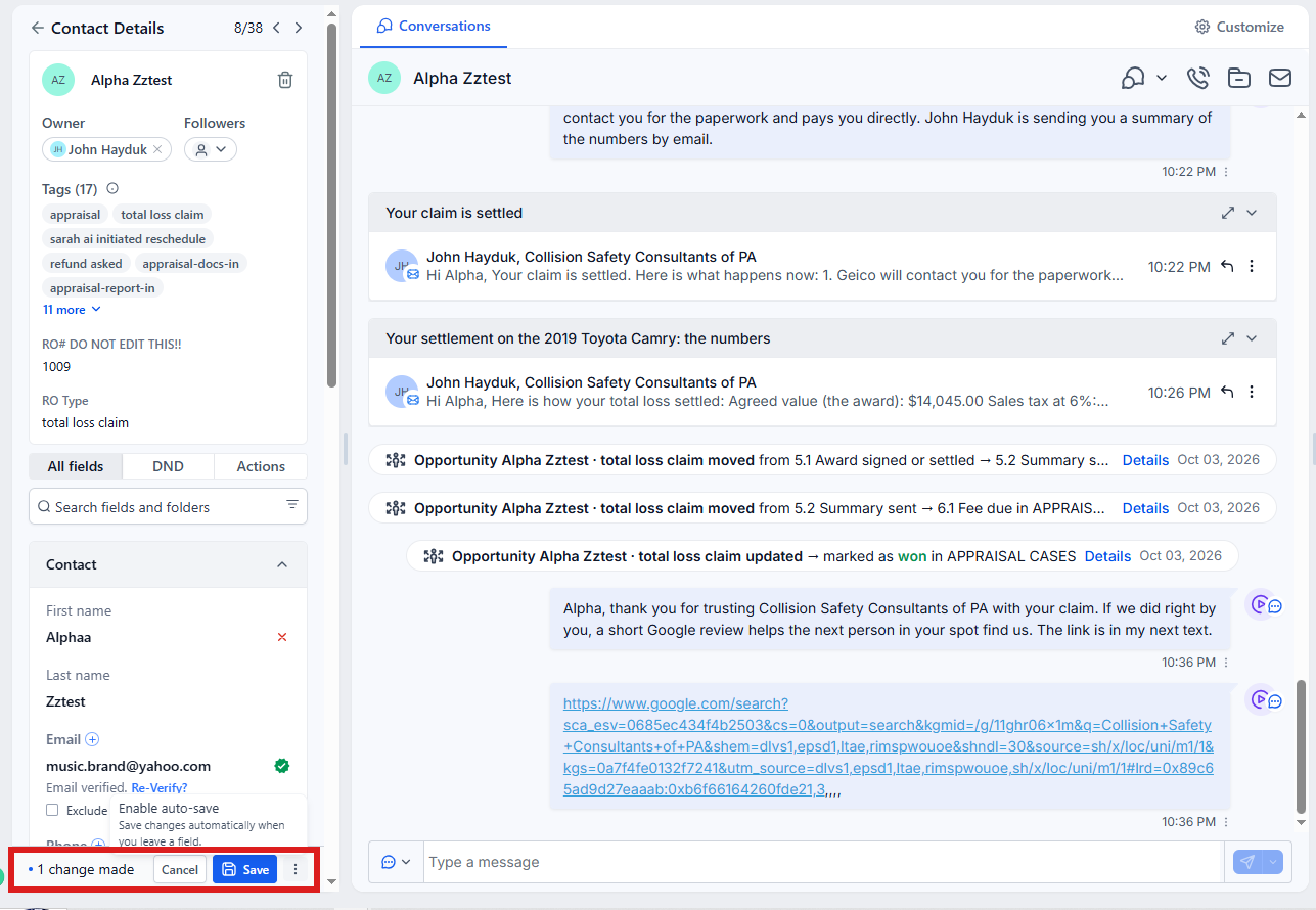 A field just changed. The blue Save button at the bottom of the left side is circled. Nothing is saved until you click it.