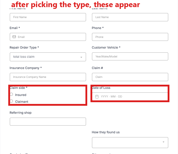 The signup form after picking total loss claim: Claim side (Insured / Claimant) and Date of Loss.