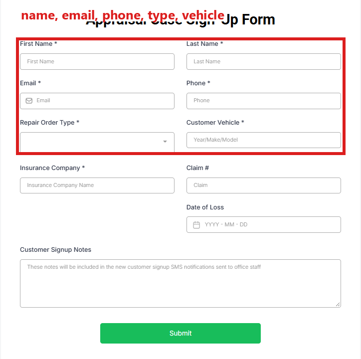 The signup form: First Name, Last Name, Email, Phone, Repair Order Type, Customer Vehicle.