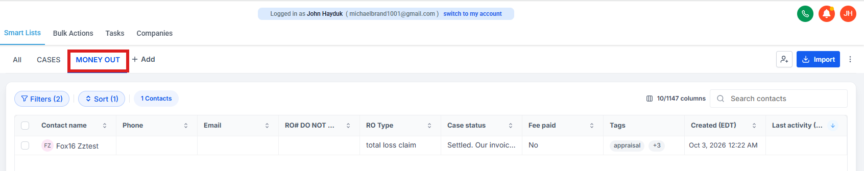 Contacts: the saved lists along the top of the list, Money out circled.