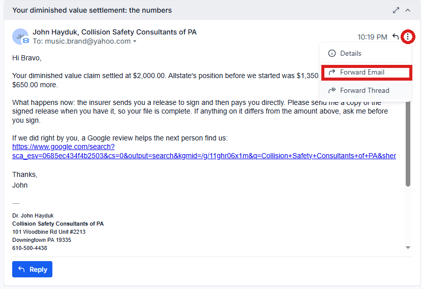 A settlement summary email opened in full in the middle, its three-dot menu open with Forward Email circled.