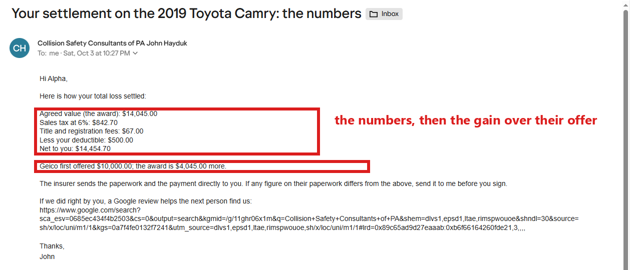 The settlement summary email with the numbers, as the customer sees it.
