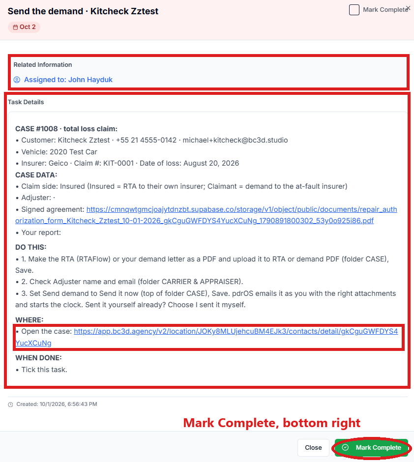 A task in full view: Related Information, then Task Details with CASE, CASE DATA, DO THIS, WHERE (its link circled) and WHEN DONE, and the green Mark Complete button at the bottom right circled.